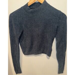 Forever 21 Blue Cropped Long-Sleeved High-Necked Top